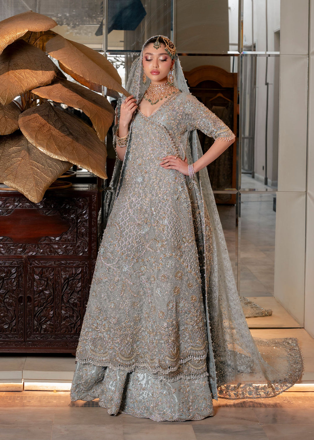Pakistani Bridal Dress in Angrakha and Lehenga Style