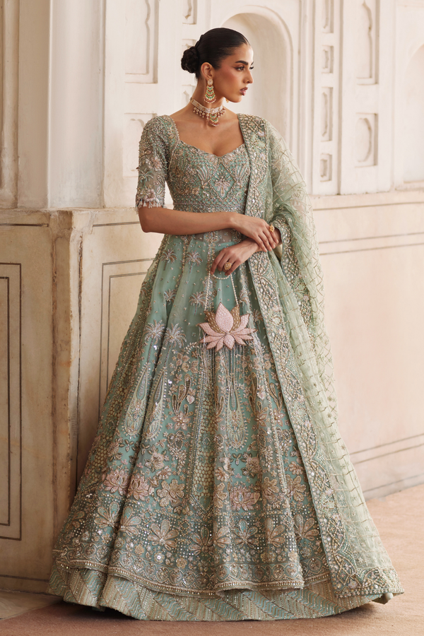 Pakistani Bridal Dress in Blue Gown and Lehenga Style