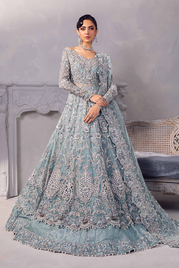 Pakistani Bridal Dress in Blue Pishwas Lehenga Style
