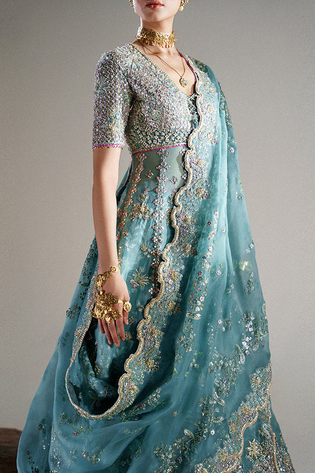 Pakistani Bridal Dress in Blue Pishwas Lehenga Style