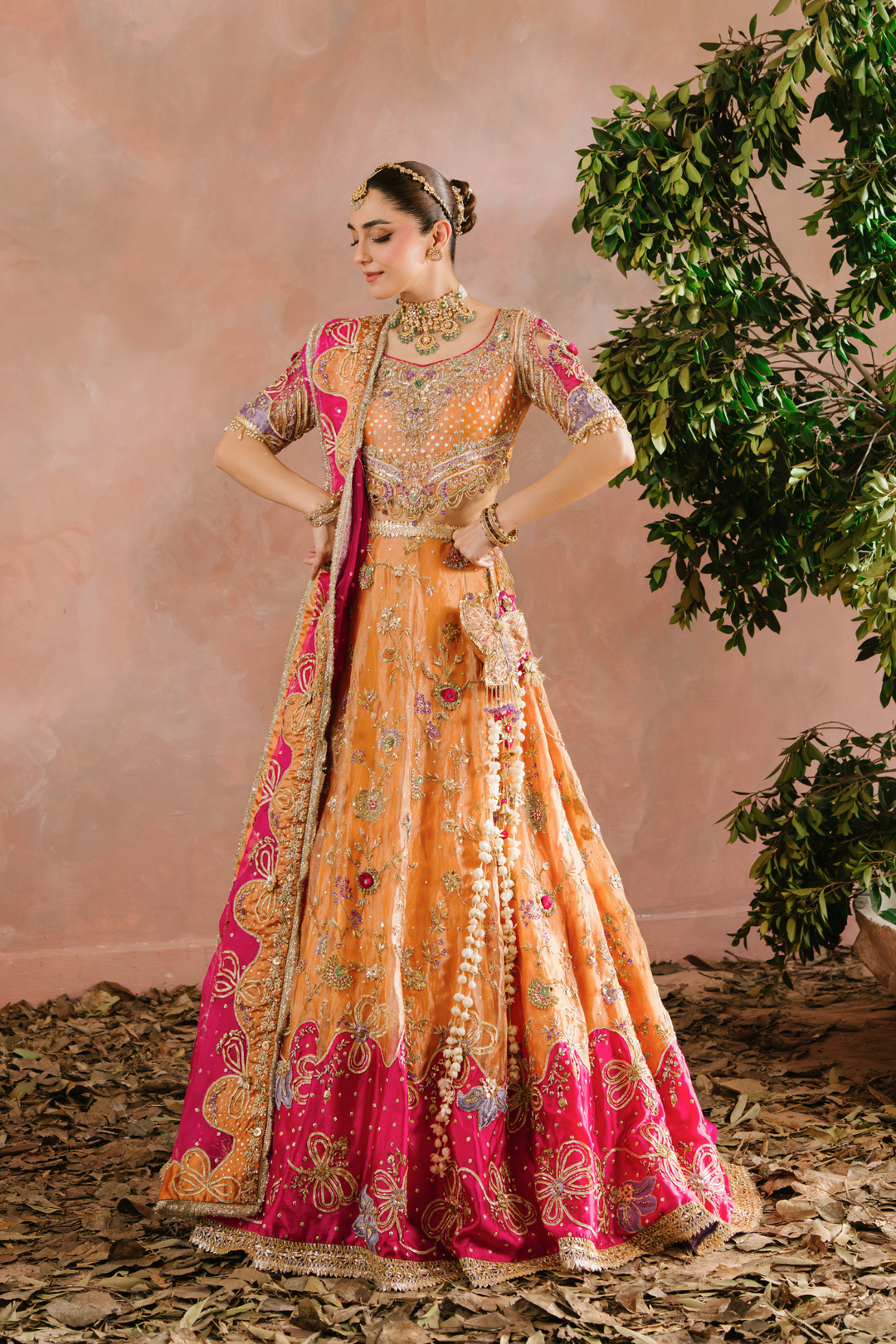 Pakistani Bridal Dress in Choli and Rust Lehenga Style