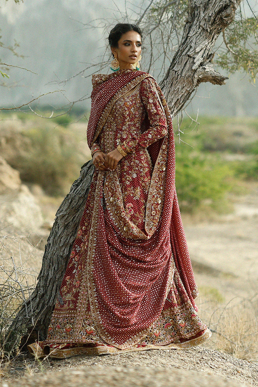 Pakistani Bridal Dress in Crimson Lehenga Pishwas Style Online