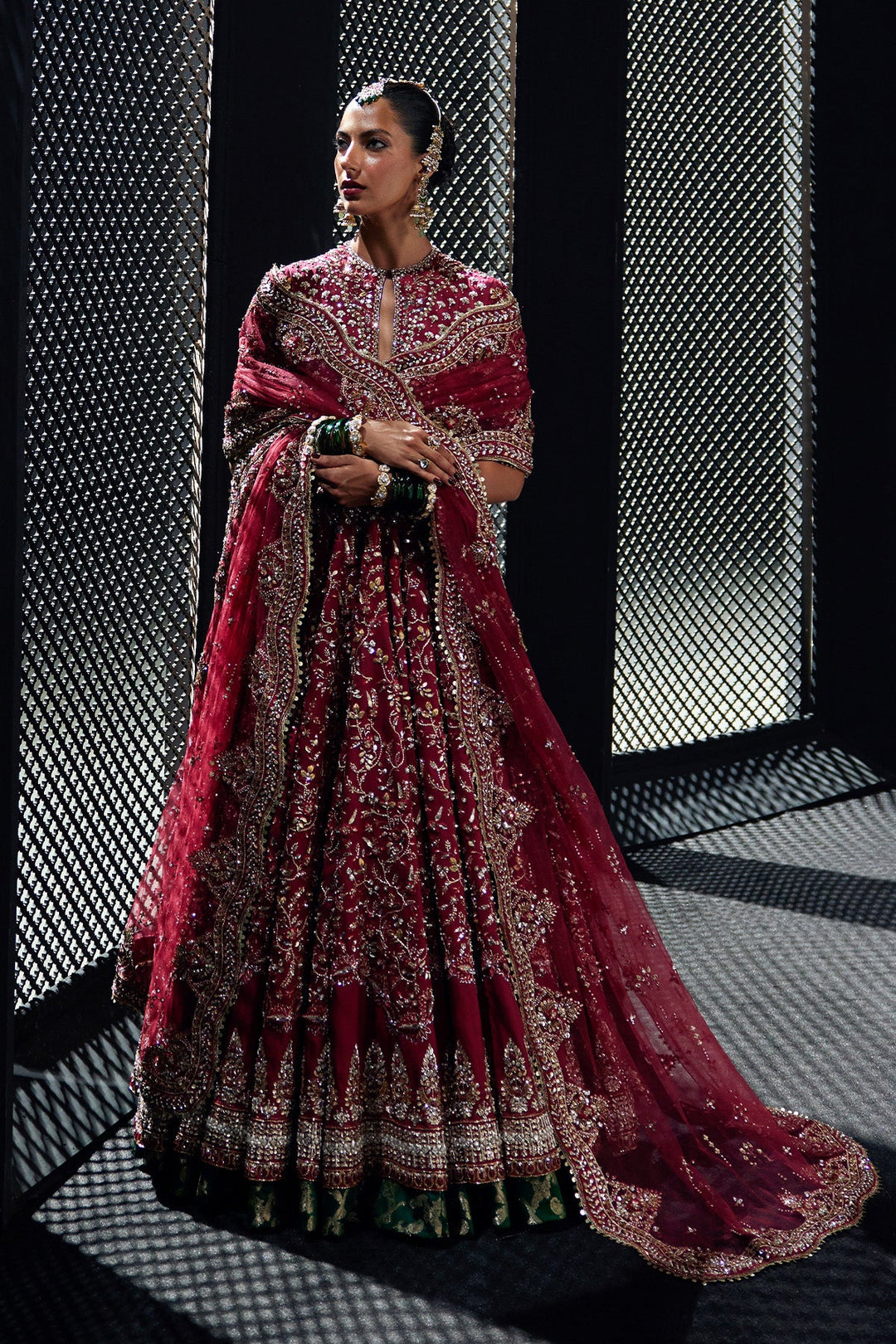 Pakistani Bridal Dress in Crimson Red Pishwas Style