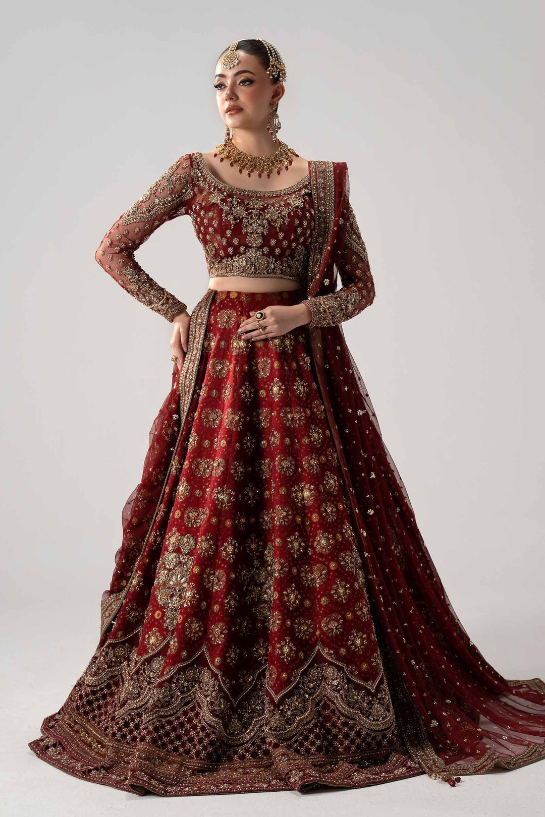 Pakistani Bridal Dress in Deep Red Lehenga Choli Style