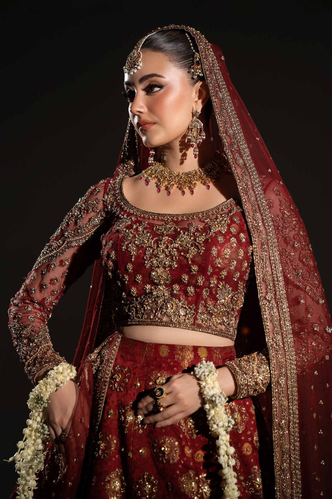 Pakistani Bridal Dress in Deep Red Lehenga Choli Style Online