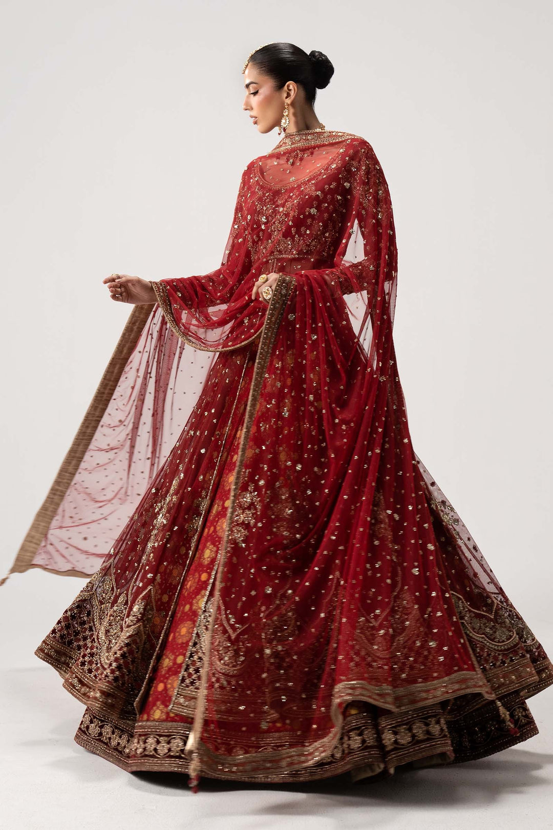 Pakistani Bridal Dress in Deep Red Pishwas Lehnga Style