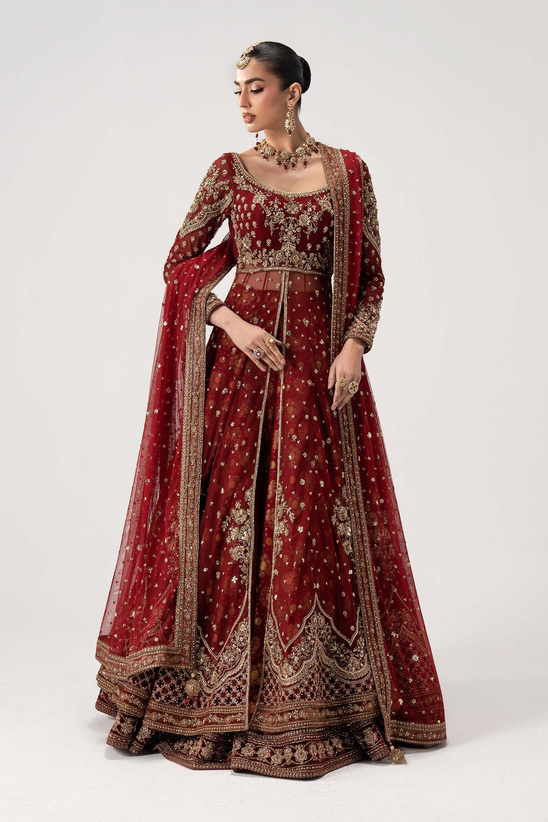Pakistani Bridal Dress in Deep Red Pishwas Lehnga Style