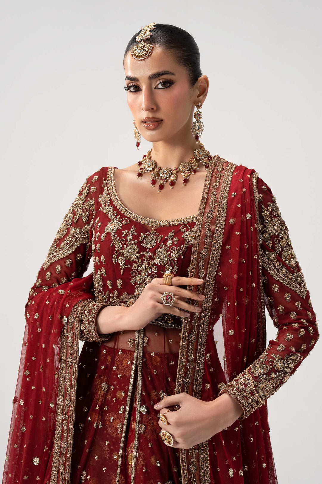 Pakistani Bridal Dress in Deep Red Pishwas Lehnga Style Online