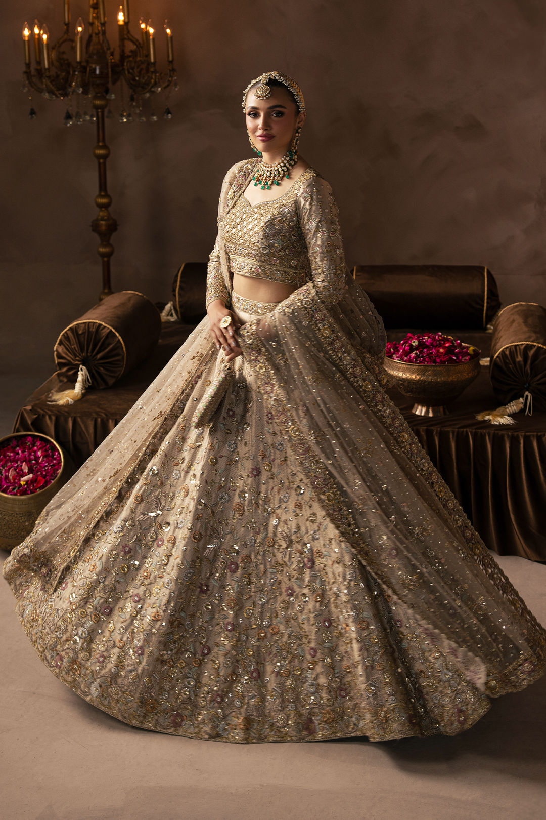 Pakistani Bridal Dress in Dull Gold Lehenga Choli Style