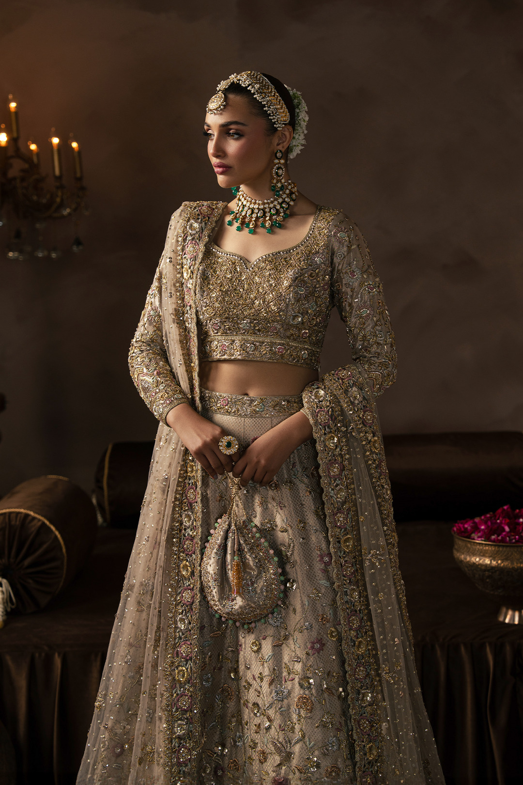 Pakistani Bridal Dress in Dull Gold Lehenga Choli Style Online