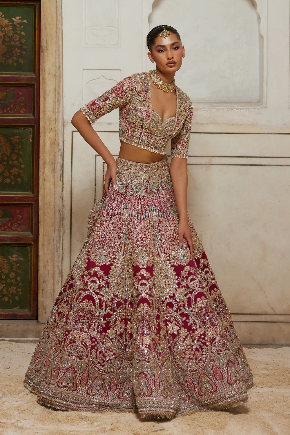 Pakistani Bridal Dress in Fuchsia Red Lehenga Choli Online