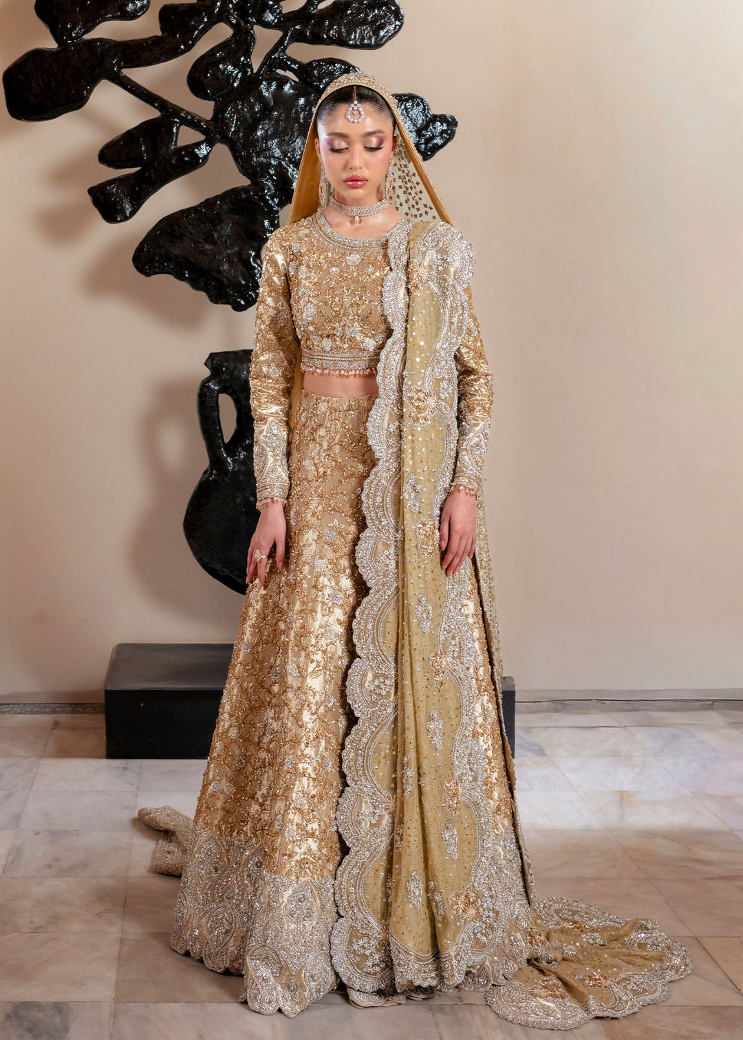 Pakistani Bridal Dress in Gold Lehenga Choli Style
