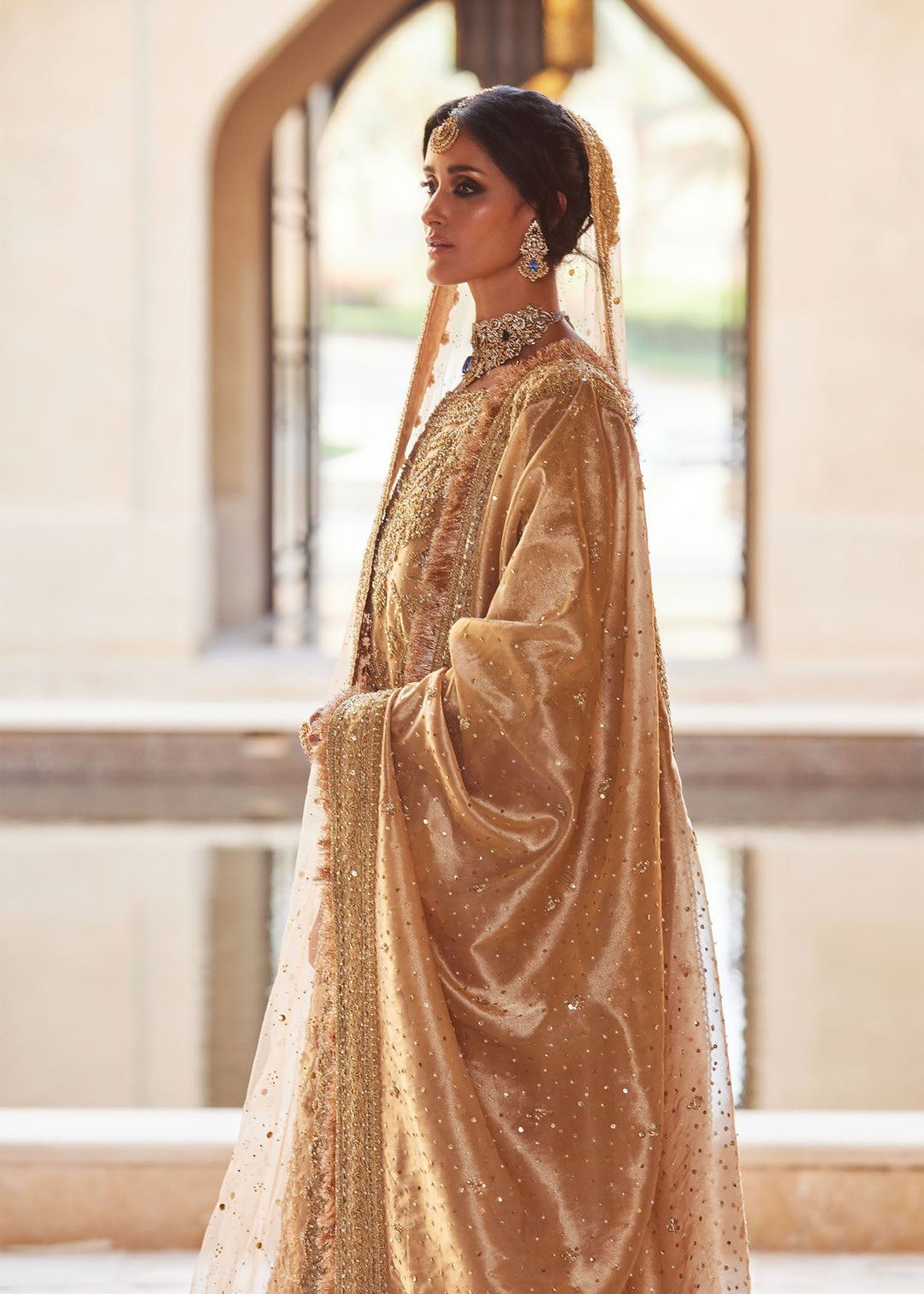 Pakistani Bridal Dress in Gold Lehenga Kameez Dupatta Style