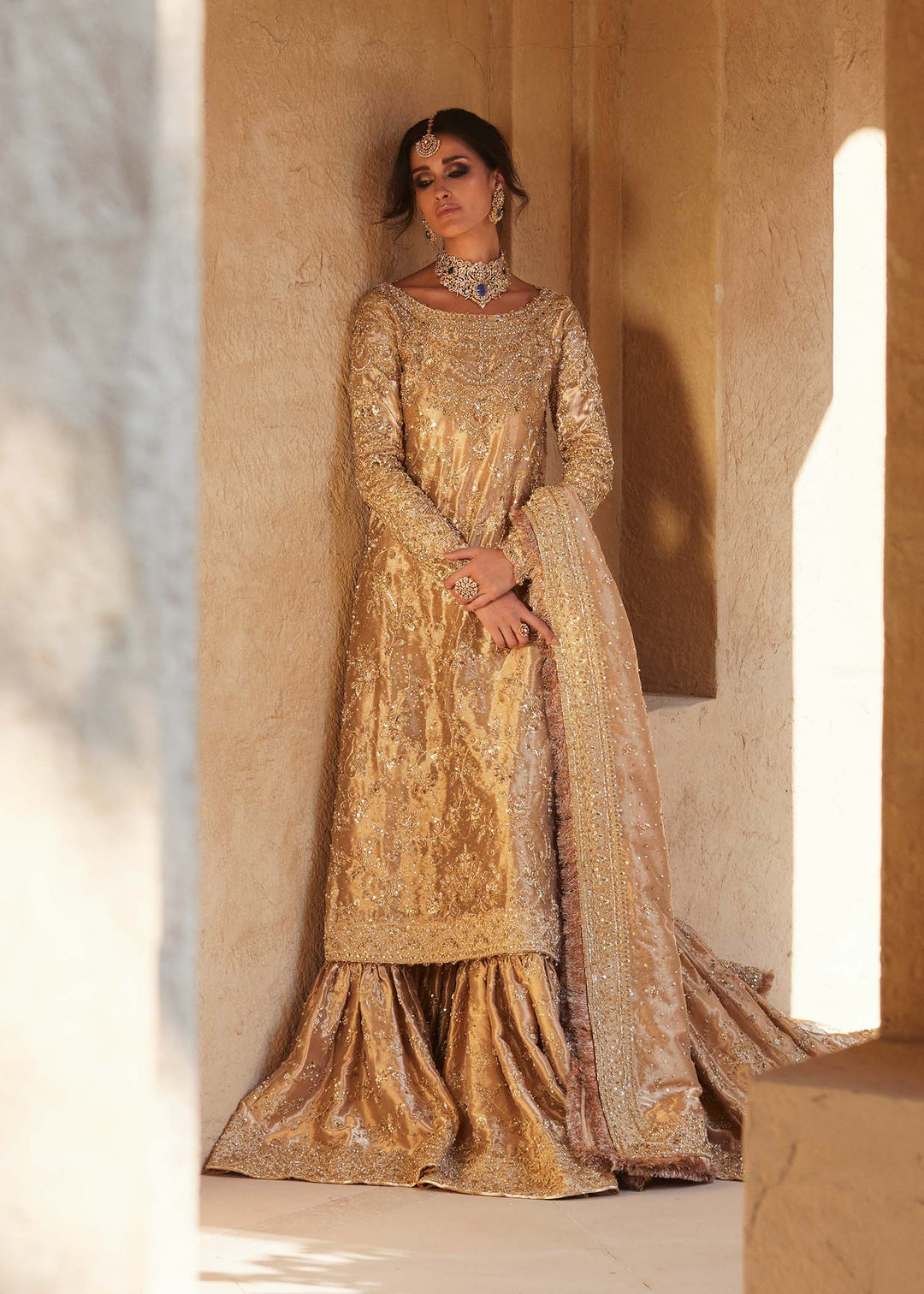 Pakistani Bridal Dress in Gold Lehenga Kameez Style