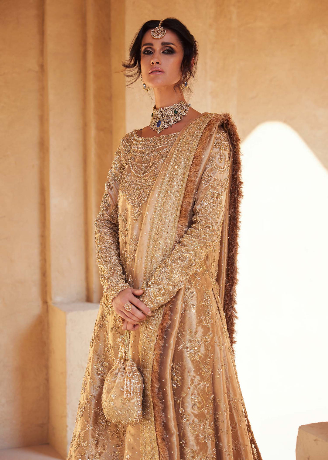 Pakistani Bridal Dress in Gold Lehenga Kameez Style Online