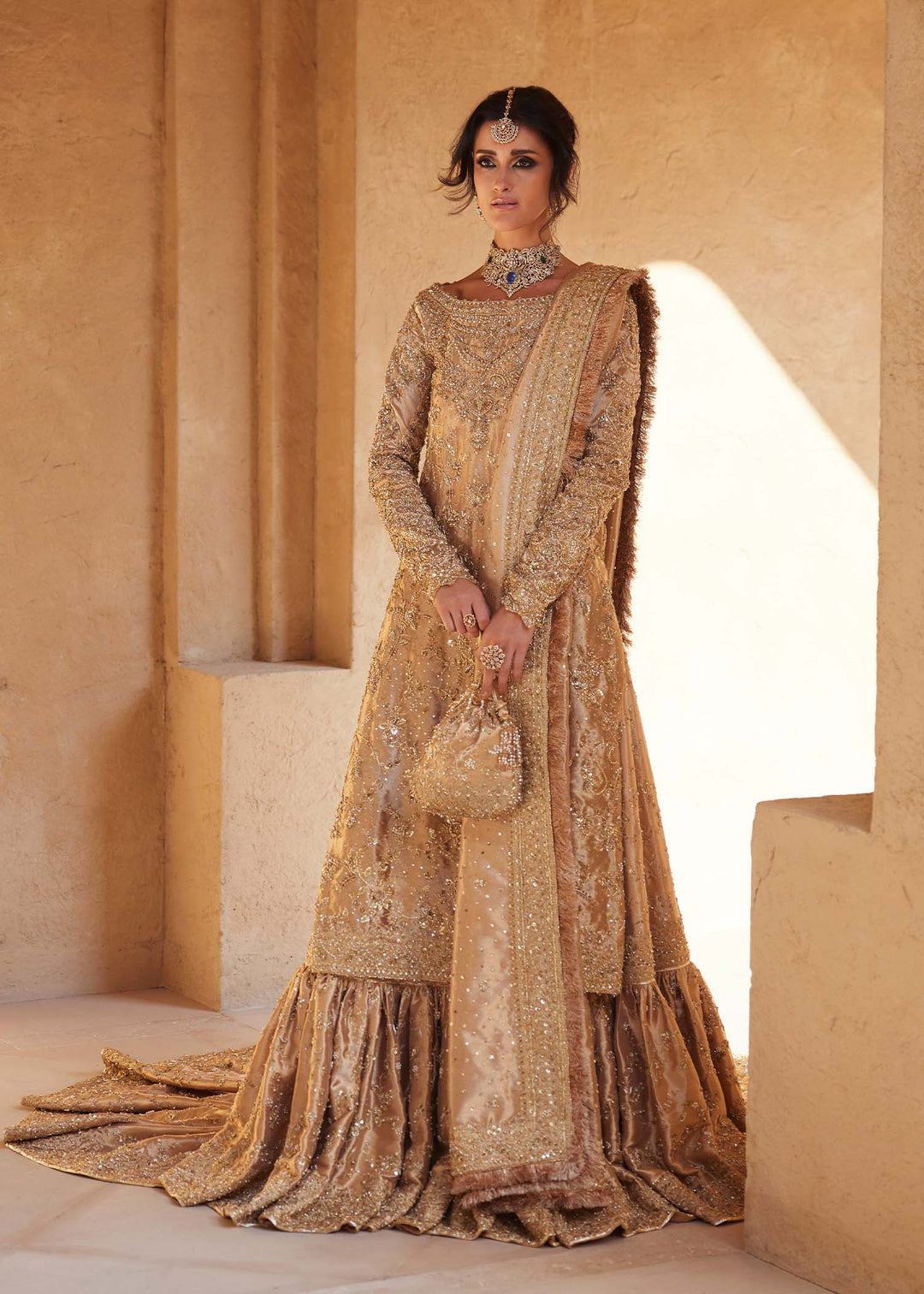 Pakistani Bridal Dress in Gold Lehenga Kameez Style