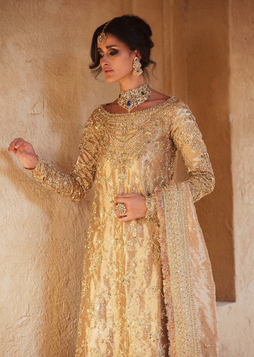 Pakistani Bridal Dress in Golden Lehenga Kameez Style