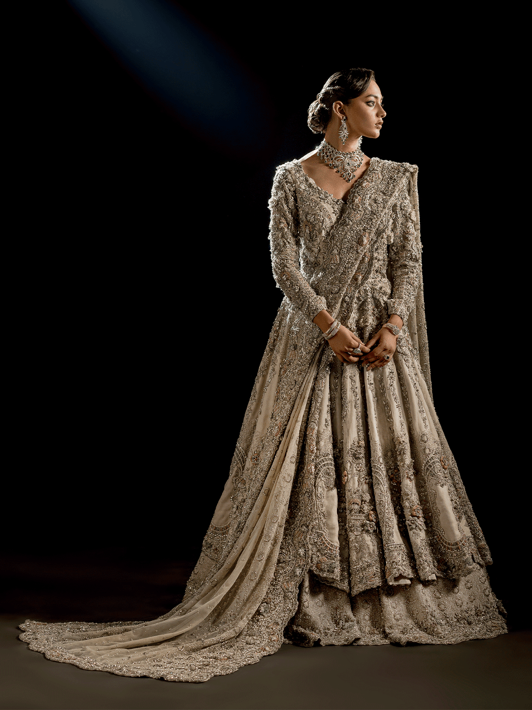 Pakistani Bridal Dress in Gown Lehenga Dupatta Style