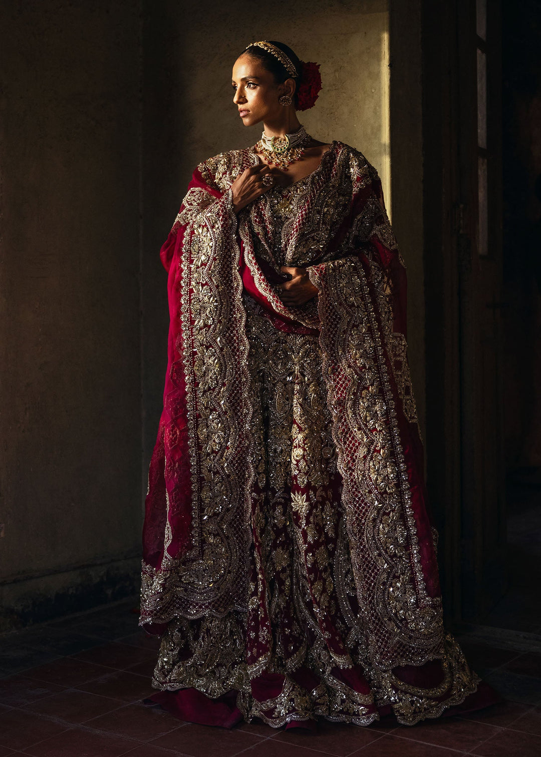 Pakistani Bridal Dress in Gown Lehenga Dupatta Style