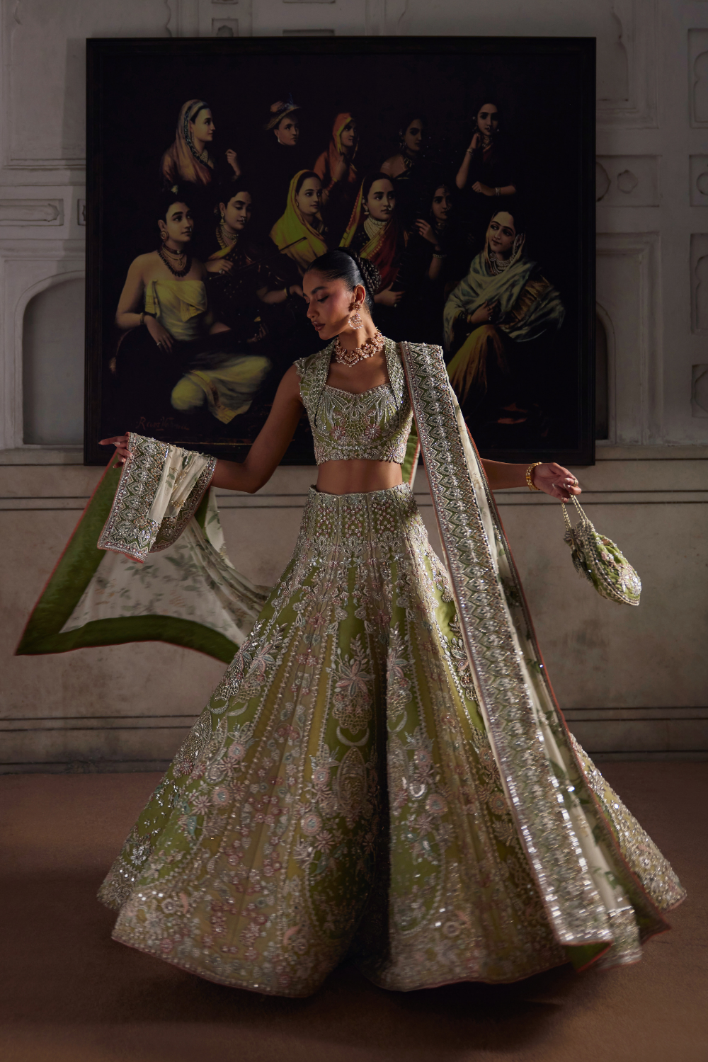 Pakistani Bridal Dress in Green Choli and Lehenga Style
