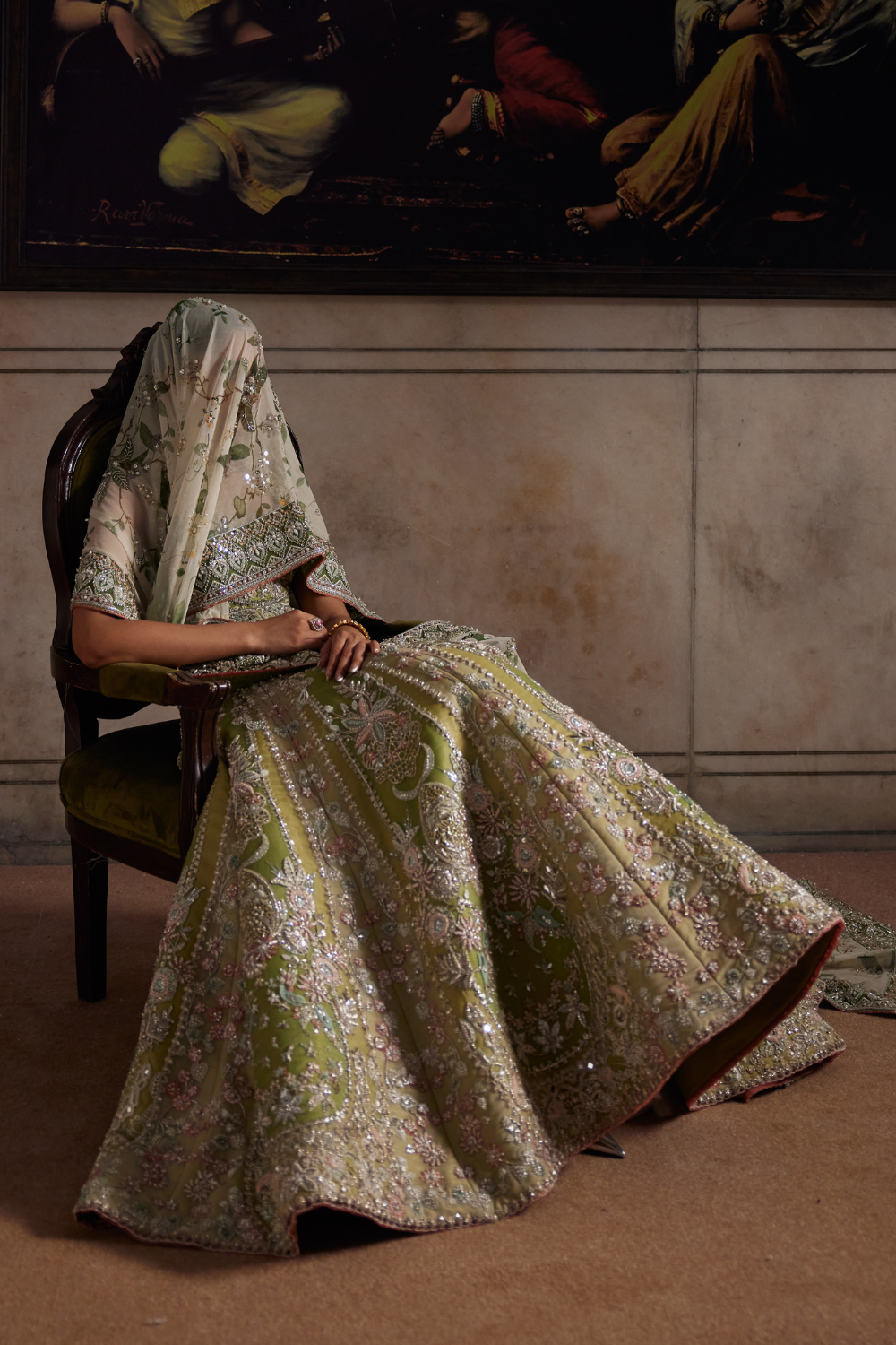 Pakistani Bridal Dress in Green Choli and Lehenga Style Online