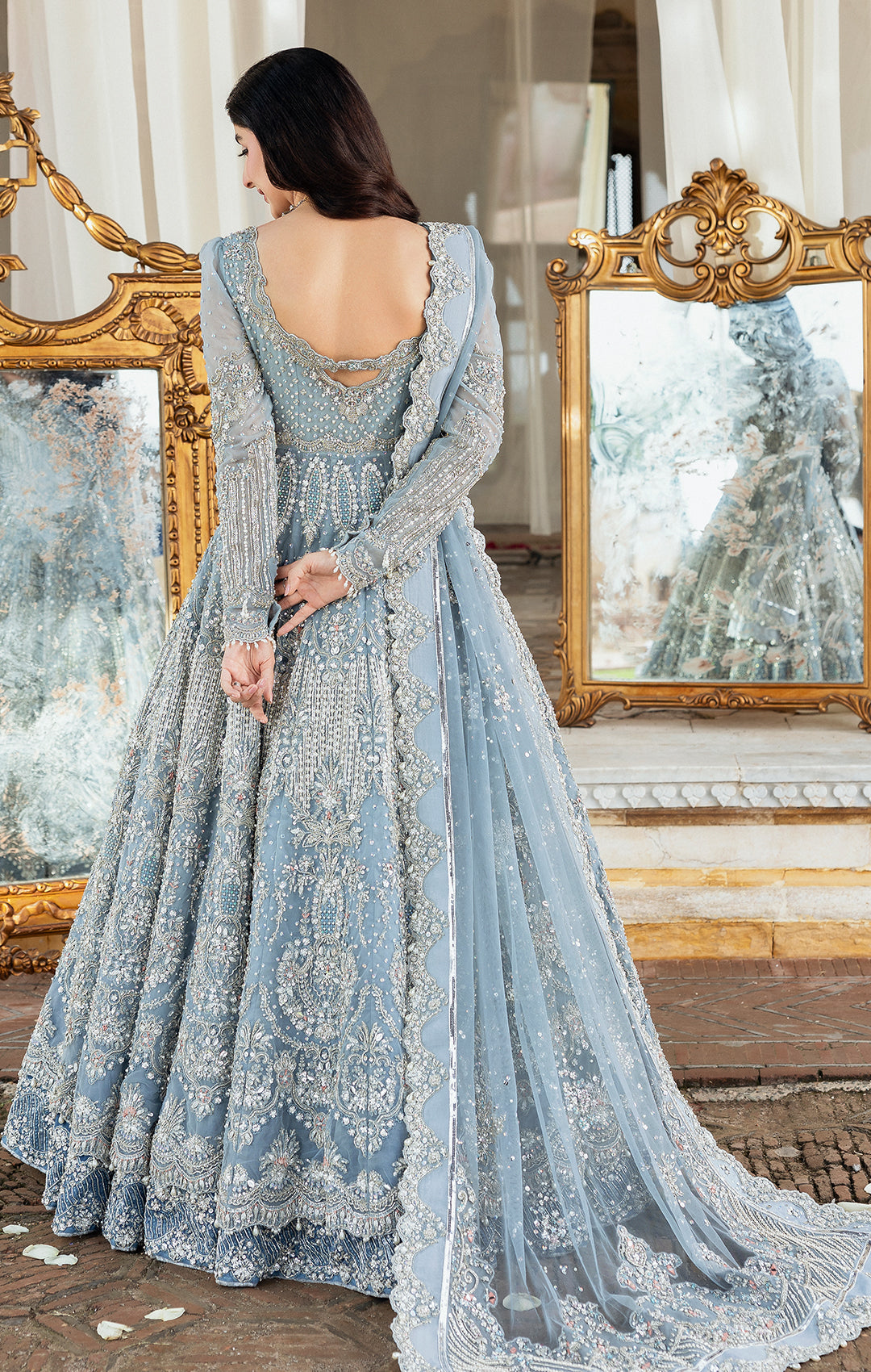 Pakistani Bridal Dress in Ice Blue Pishwas Lehenga Style