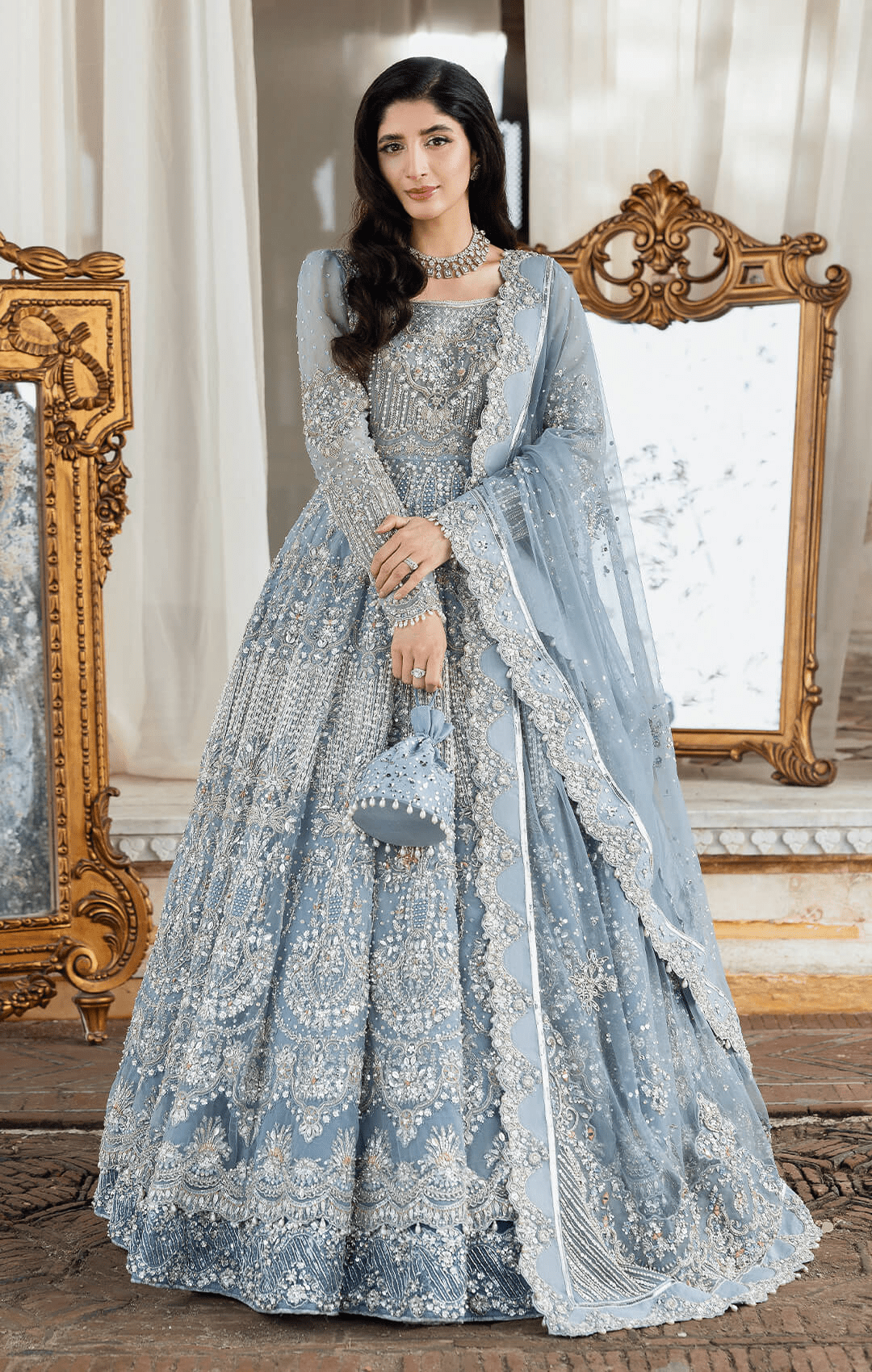 Pakistani Bridal Dress in Ice Blue Pishwas Lehnga Style