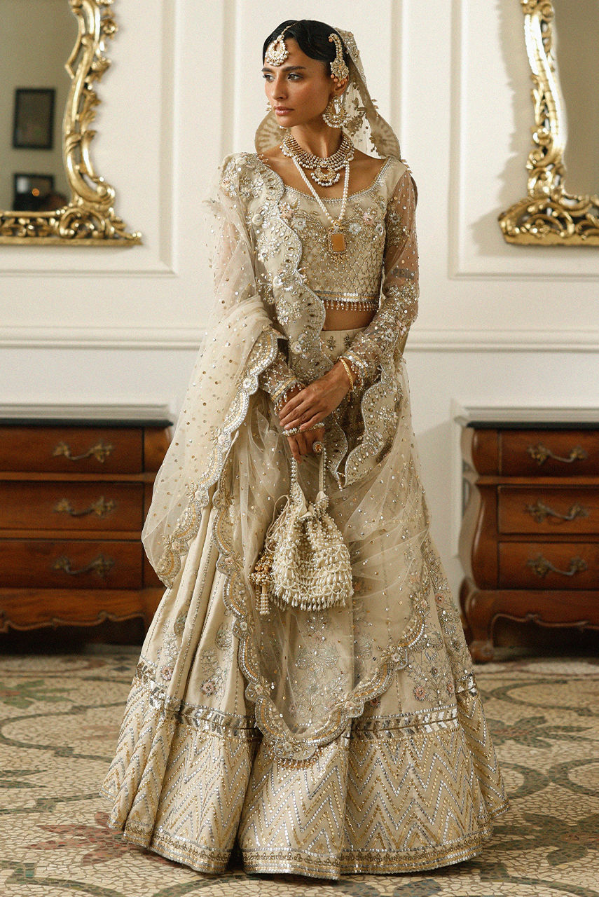 Pakistani Bridal Dress in Ivory Choli Lehenga Style