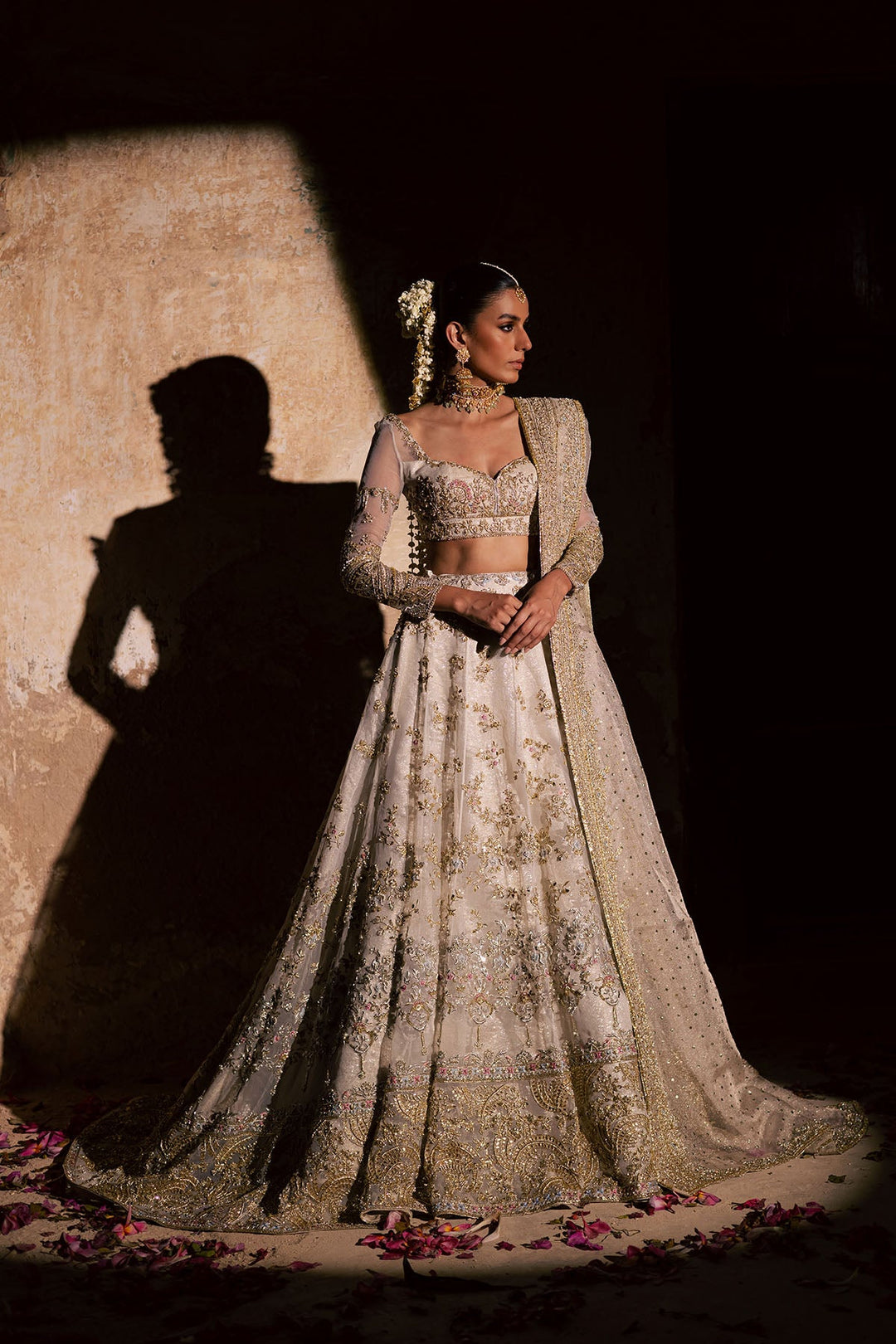 Pakistani Bridal Dress in Ivory Choli and Lehenga Style