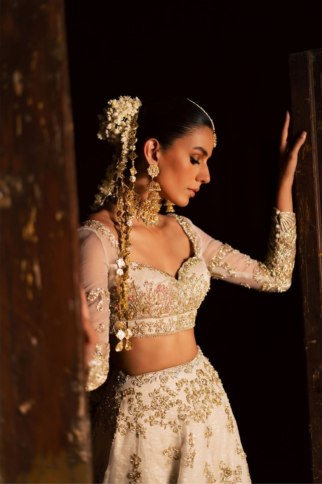 Pakistani Bridal Dress in Ivory Choli and Lehenga Style Online