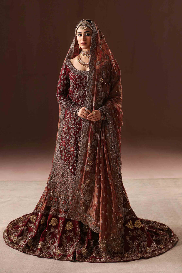 Pakistani Bridal Dress in Maroon Gold Farshi Gharara Set