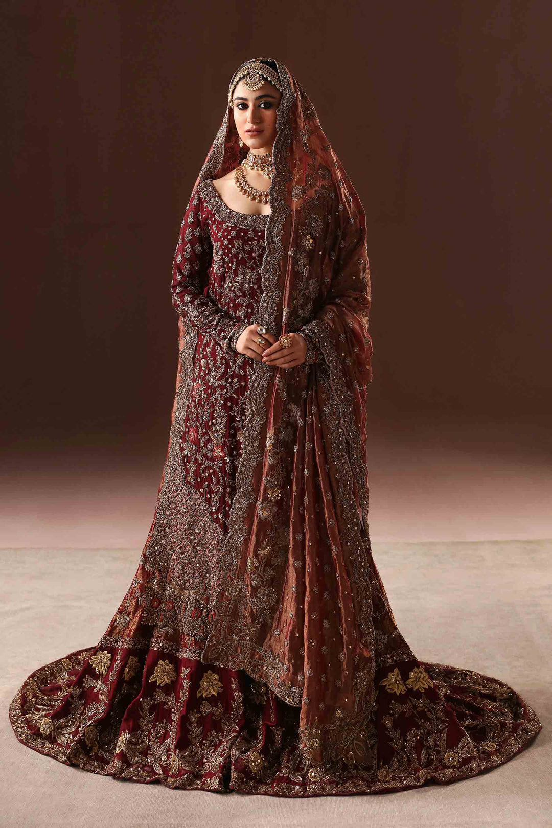 Maroon Gold Farshi Gharara - Pakistani Bridal Dress