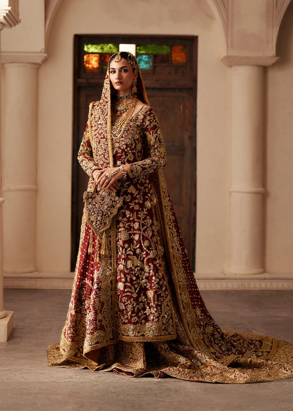 Pakistani Bridal Dress in Maroon Kameez Lehenga Style