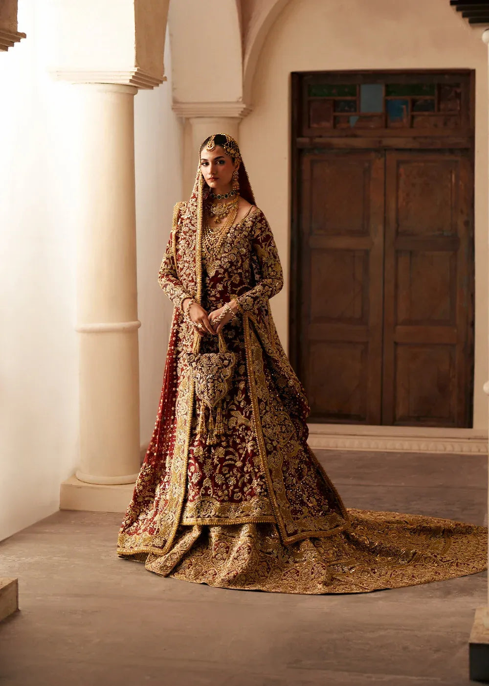 Pakistani Bridal Dress in Maroon Kameez Lehenga Style Online