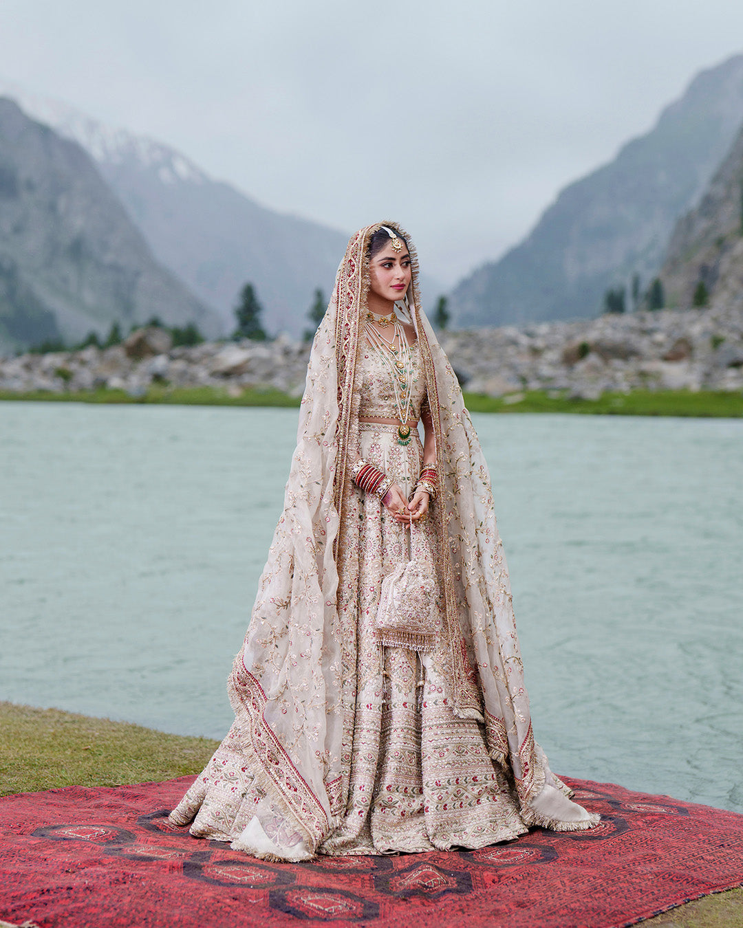 Pakistani Bridal Dress in Off White Lehenga Choli Style