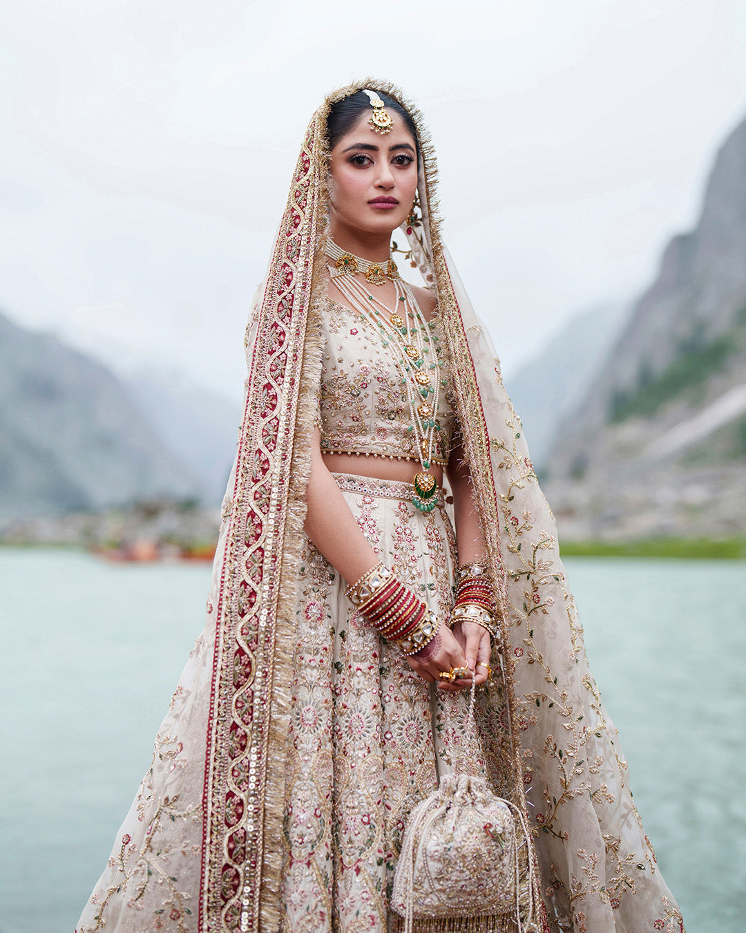 Pakistani Bridal Dress in Off White Lehenga Choli Style Online
