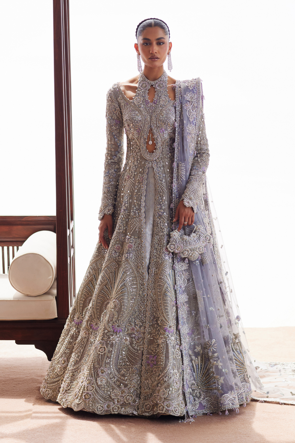 Pakistani Bridal Dress in Open Gown and Lehenga Style