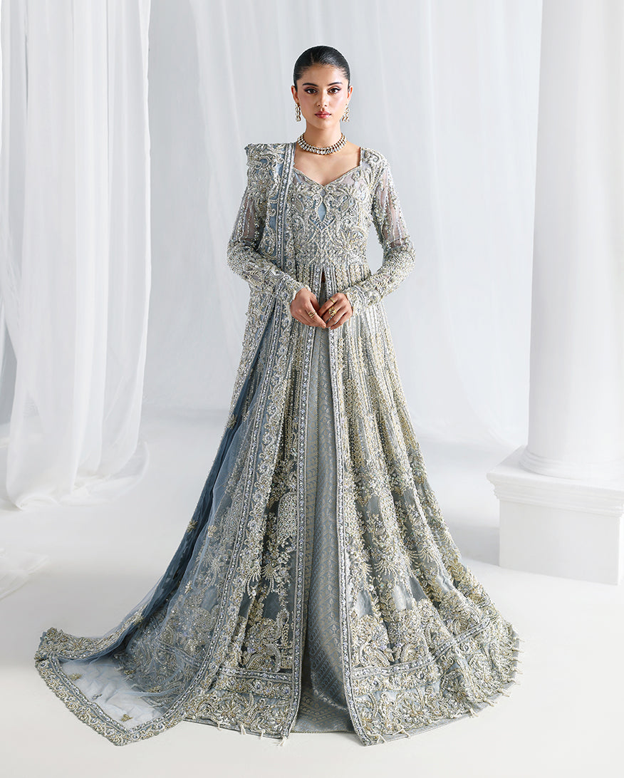 Pakistani Bridal Dress in Open Gown and Lehenga Style
