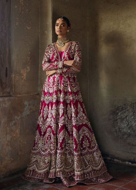 Pakistani Bridal Dress in Open Gown and Lehenga Style – Nameera by Farooq