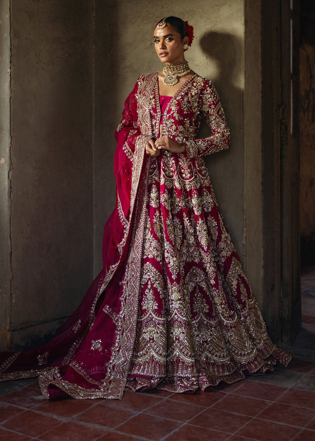 Pakistani Bridal Dress in Open Gown and Lehenga Style