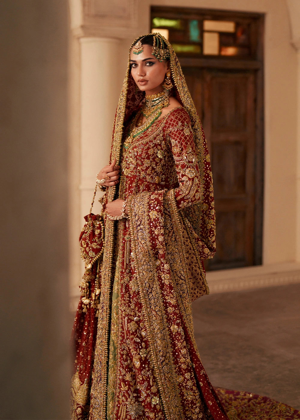 Pakistani Bridal Dress in Open Gown and Lehenga Style