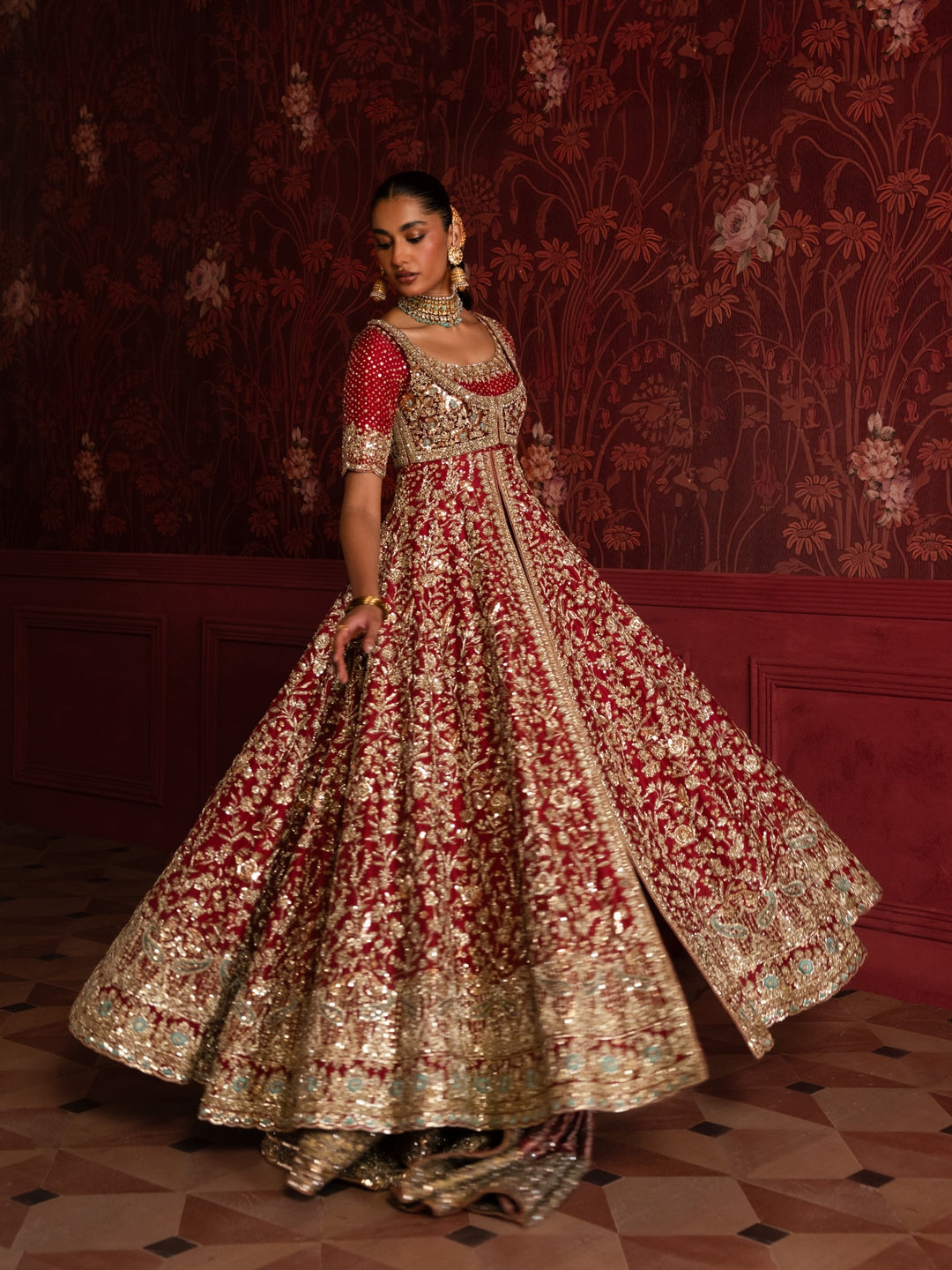Pakistani Bridal Dress in Open Gown and Lehenga Style