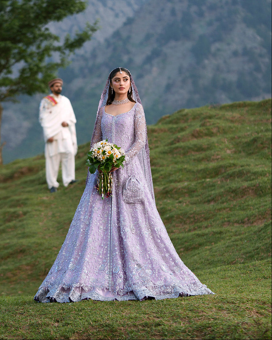 Pakistani Bridal Dress in Open Gown and Lehenga Style