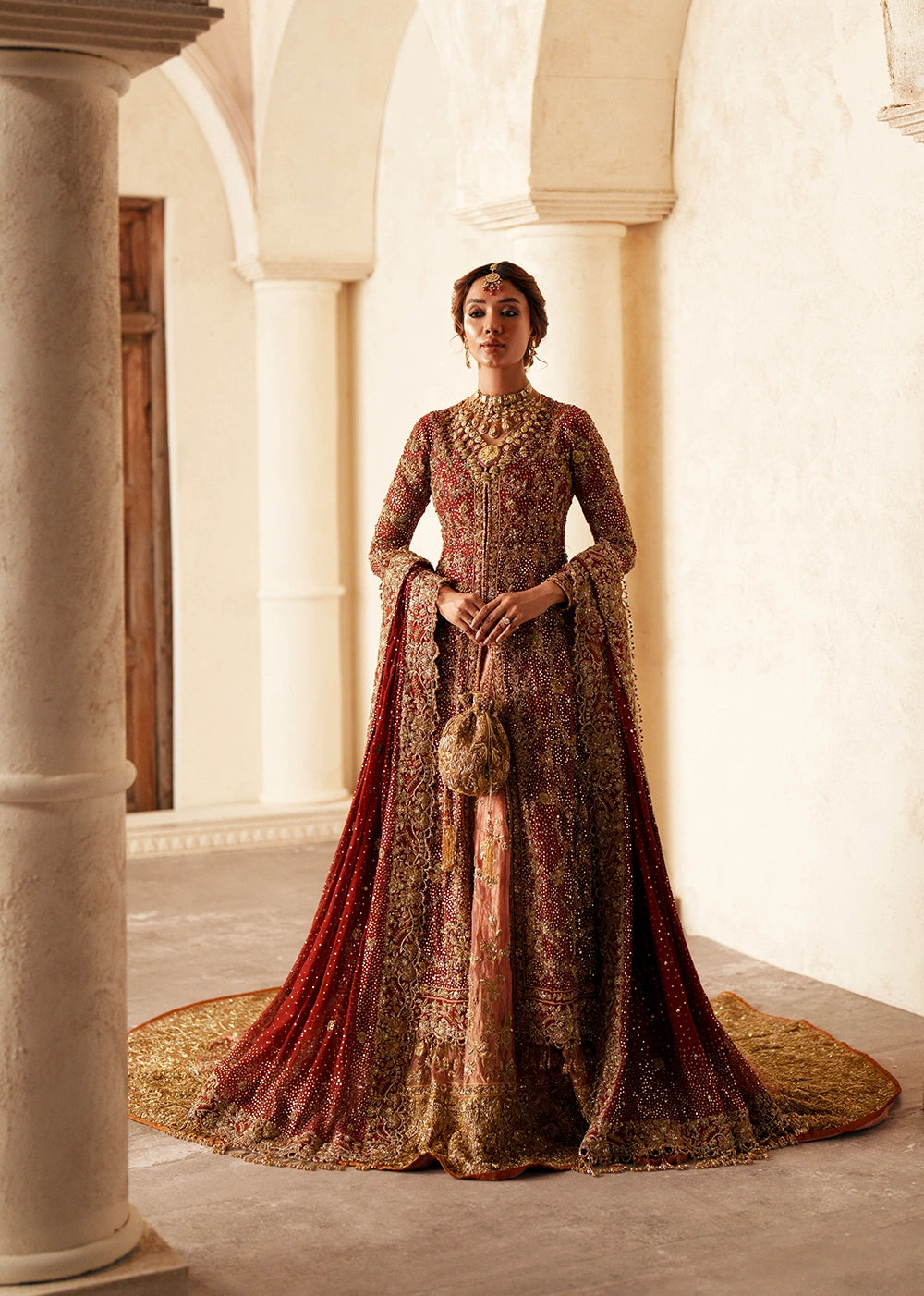 Pakistani Bridal Dress in Open Kameez Lehenga Style