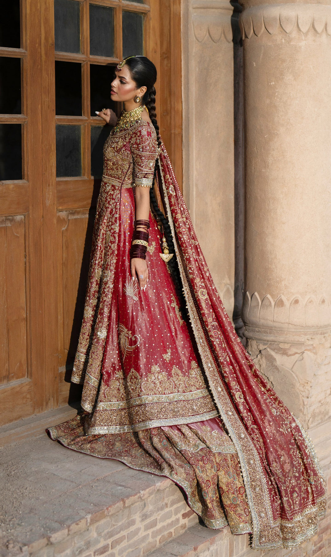 Pakistani Bridal Dress in Open Pishwas Lehenga Style