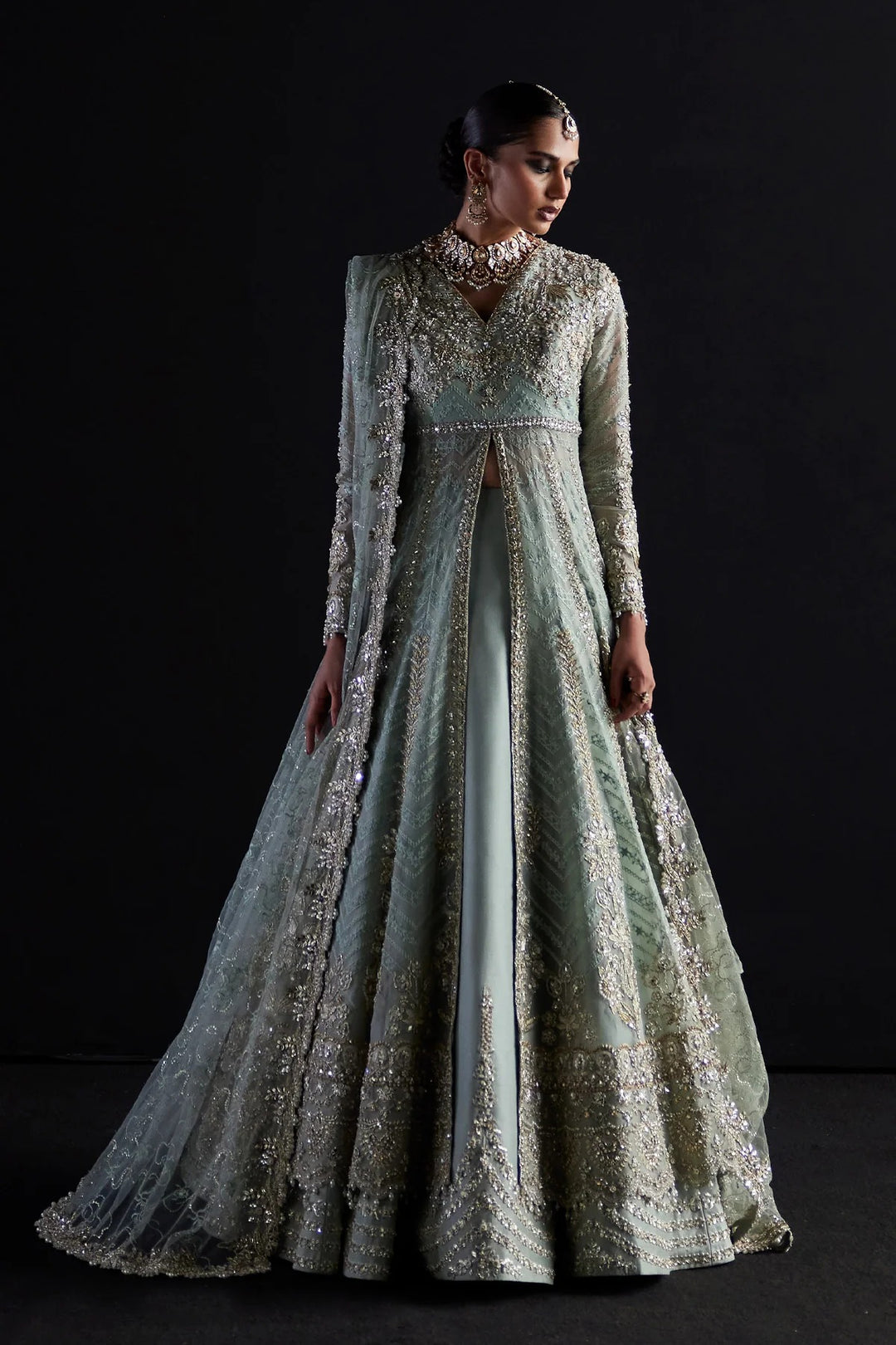 Pakistani Bridal Dress in Open Pishwas Lehenga Style