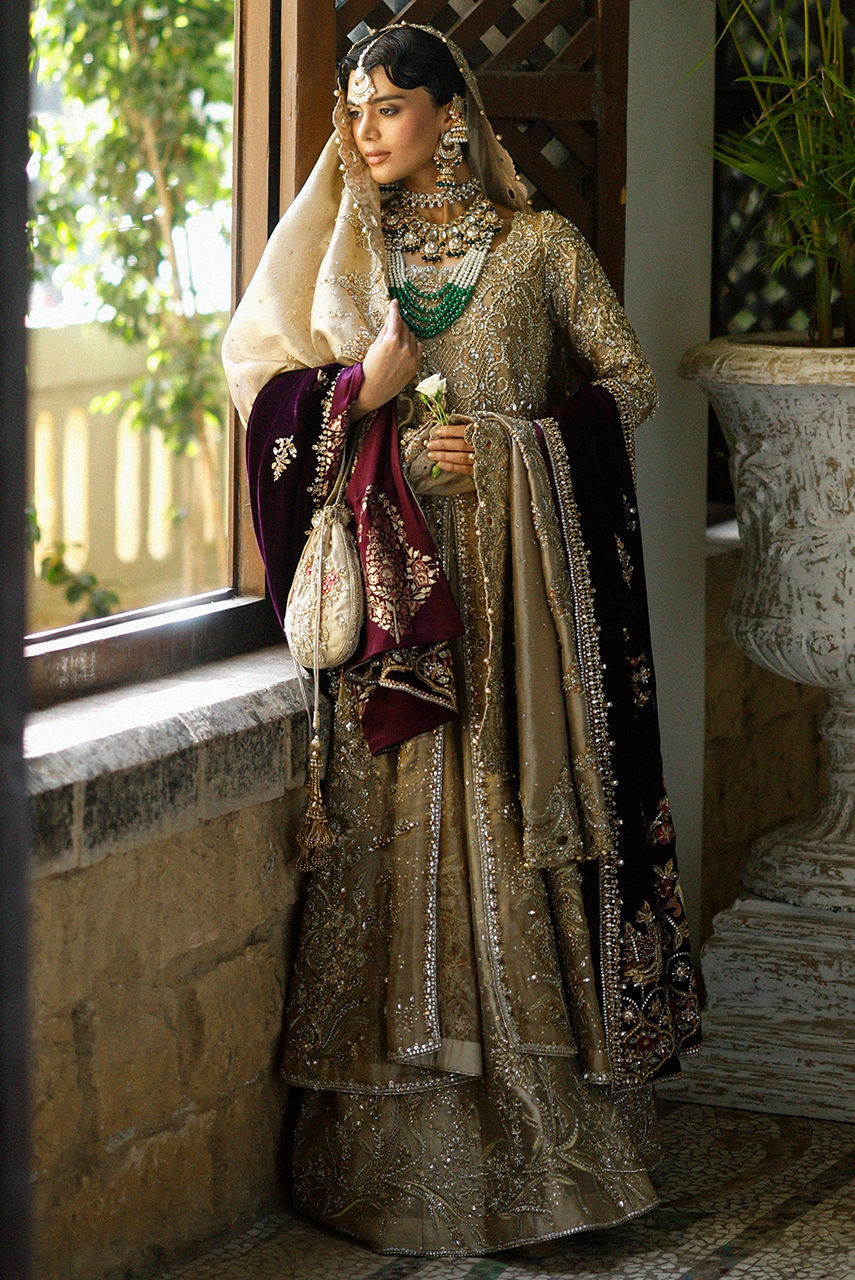 Pakistani Bridal Dress in Open Pishwas Lehenga Style