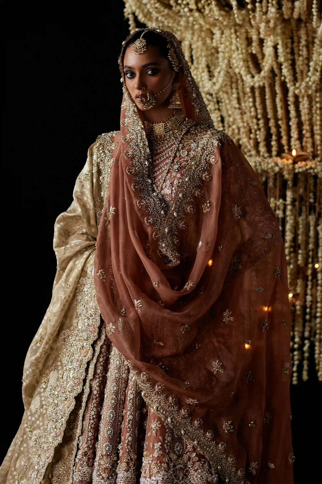 Pakistani Bridal Dress in Peach Pishwas Dupatta Style Online