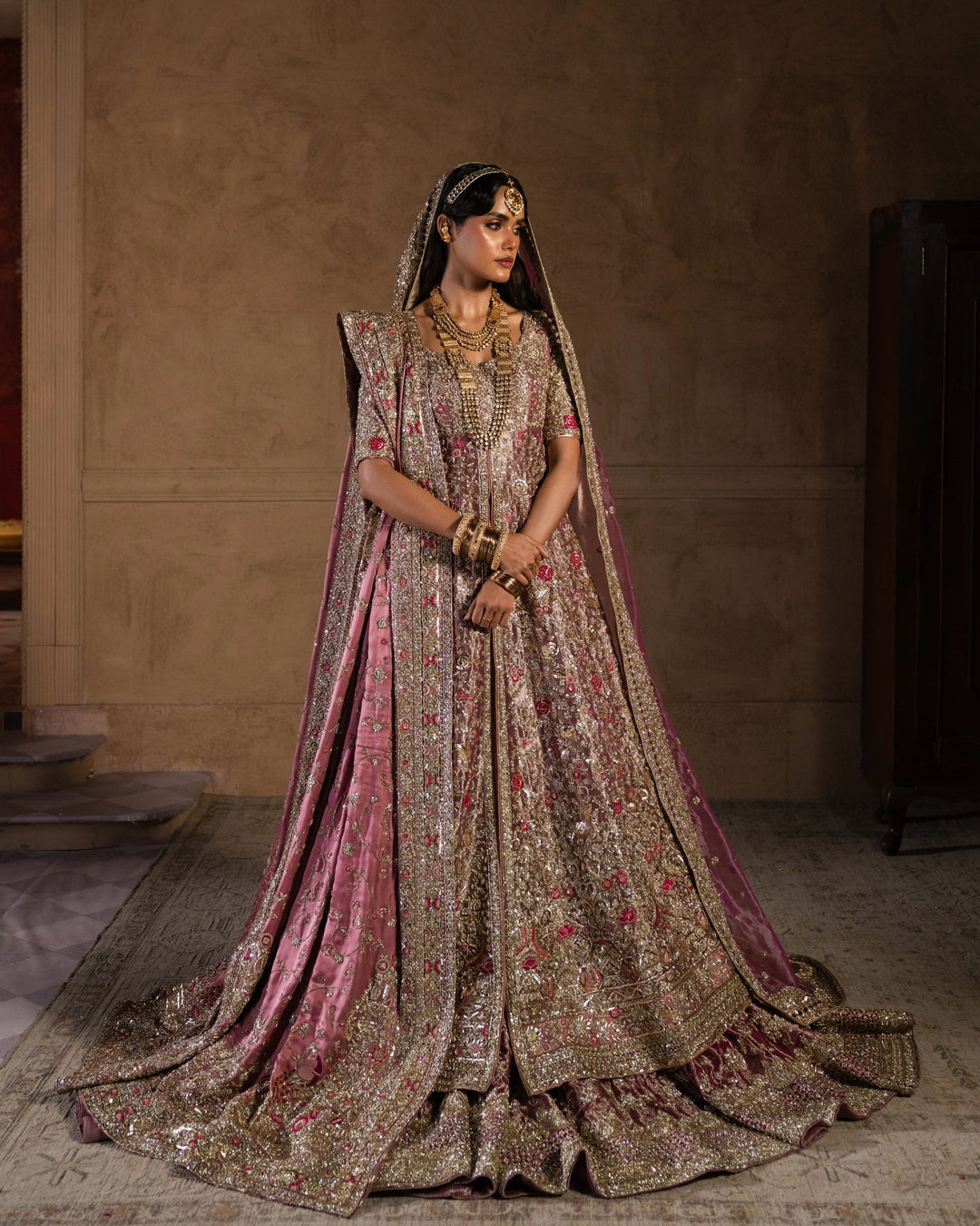Pakistani Bridal Dress in Pink Gown and Lehenga Style
