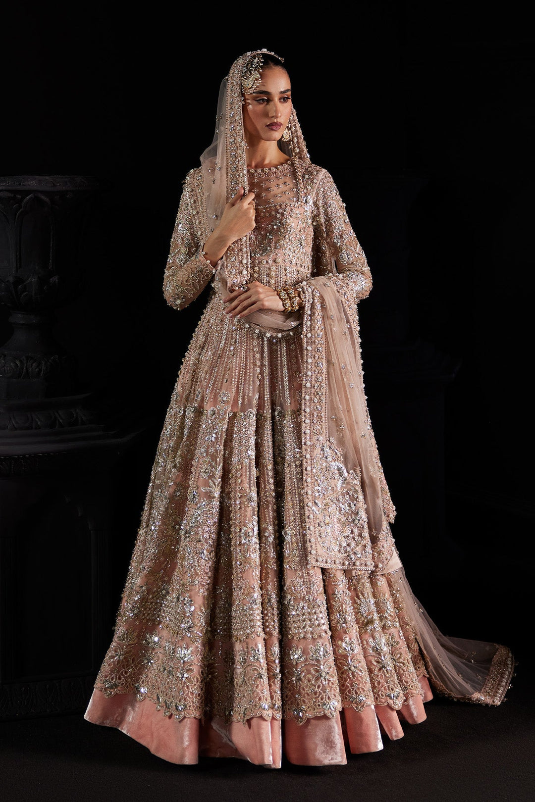 Pakistani Bridal Dress in Pink Pishwas Lehenga Style